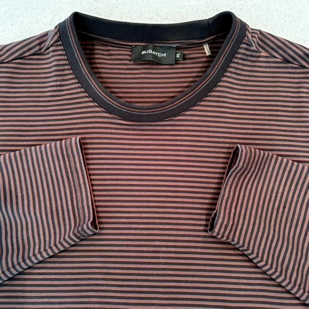 Bugatchi Men's Long Sleeve Striped Crewneck Shirt‎ XL 100% Cotton Black/Rust EUC